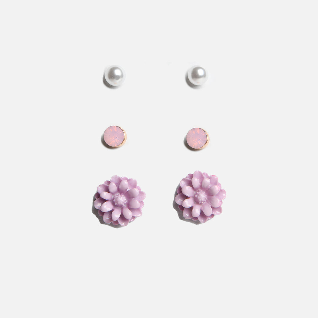 Set of three earrings with purple flowers