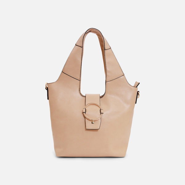 Load image into Gallery viewer, Beige bag with golden metallic ring clasp and shoulder strap
