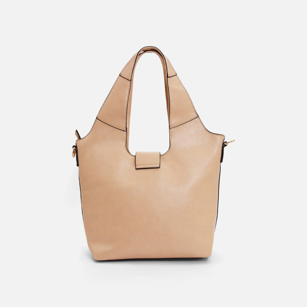 Load image into Gallery viewer, Beige bag with golden metallic ring clasp and shoulder strap
