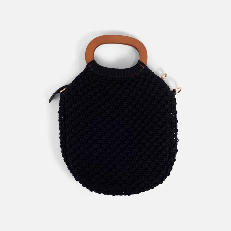 Black crochet bag with wooden handles
