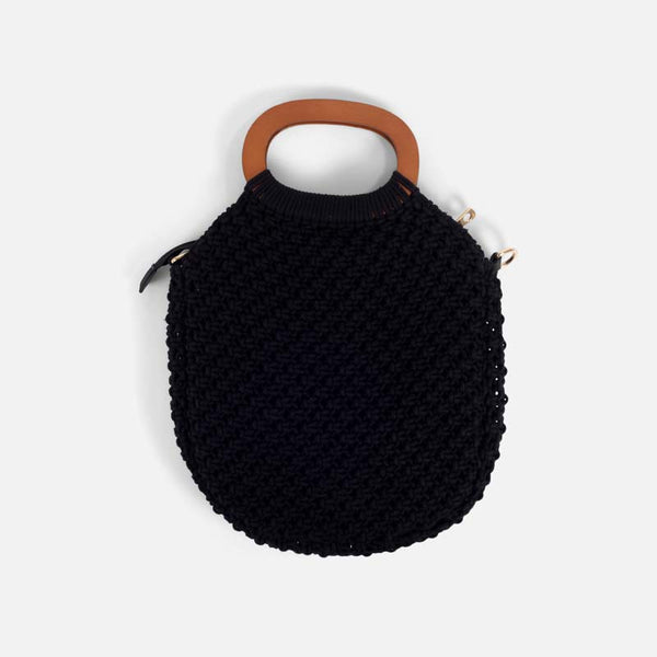 Load image into Gallery viewer, Black crochet bag with wooden handles
