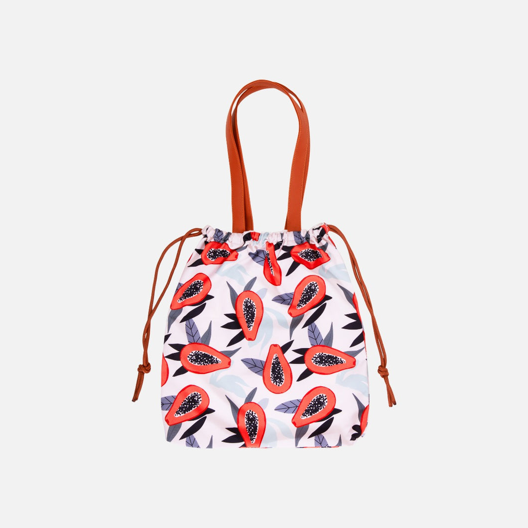 Beige drawstring canvas beach bag with papayas print
