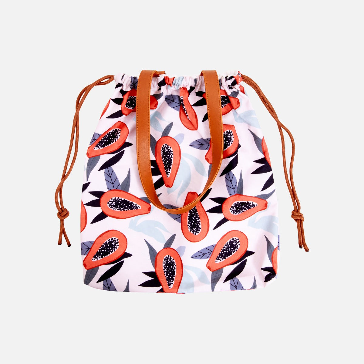 Beige drawstring canvas beach bag with papayas print