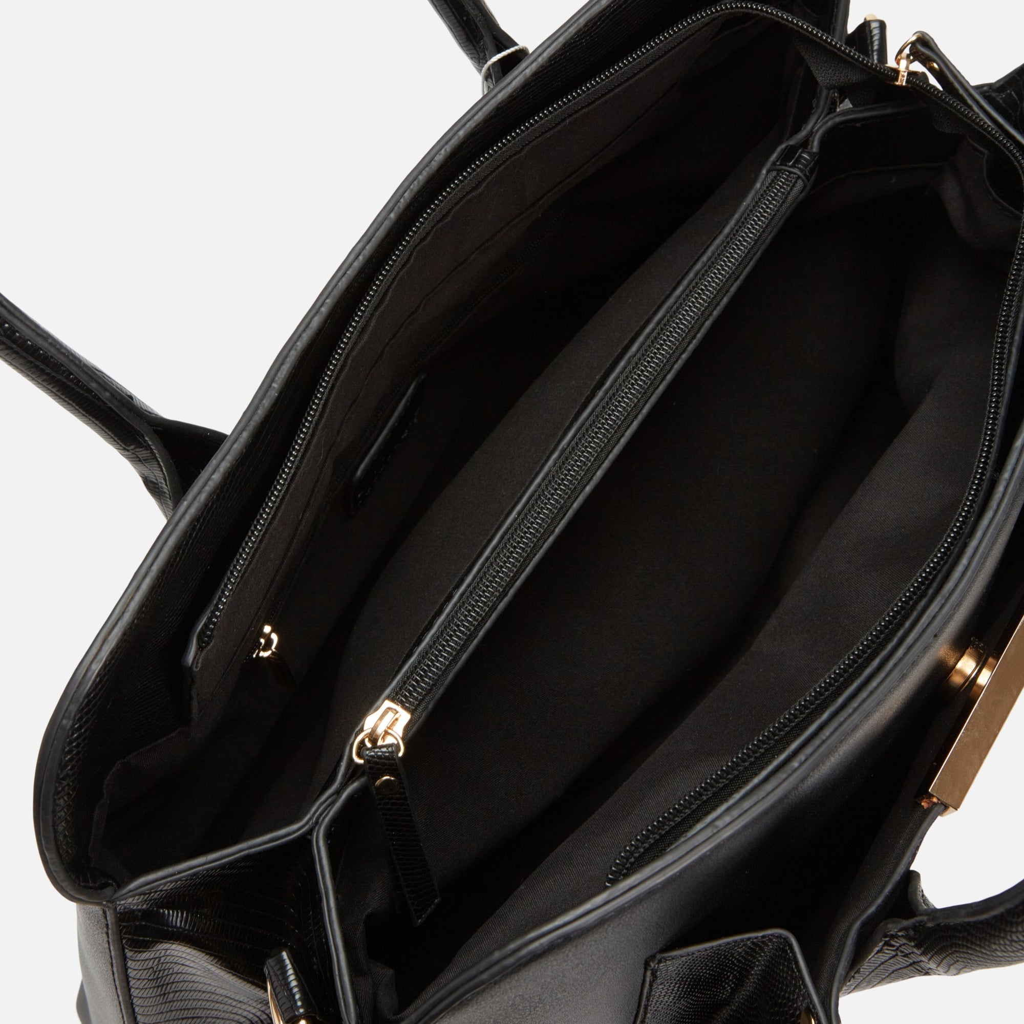 Black shoulder bag with gold accents