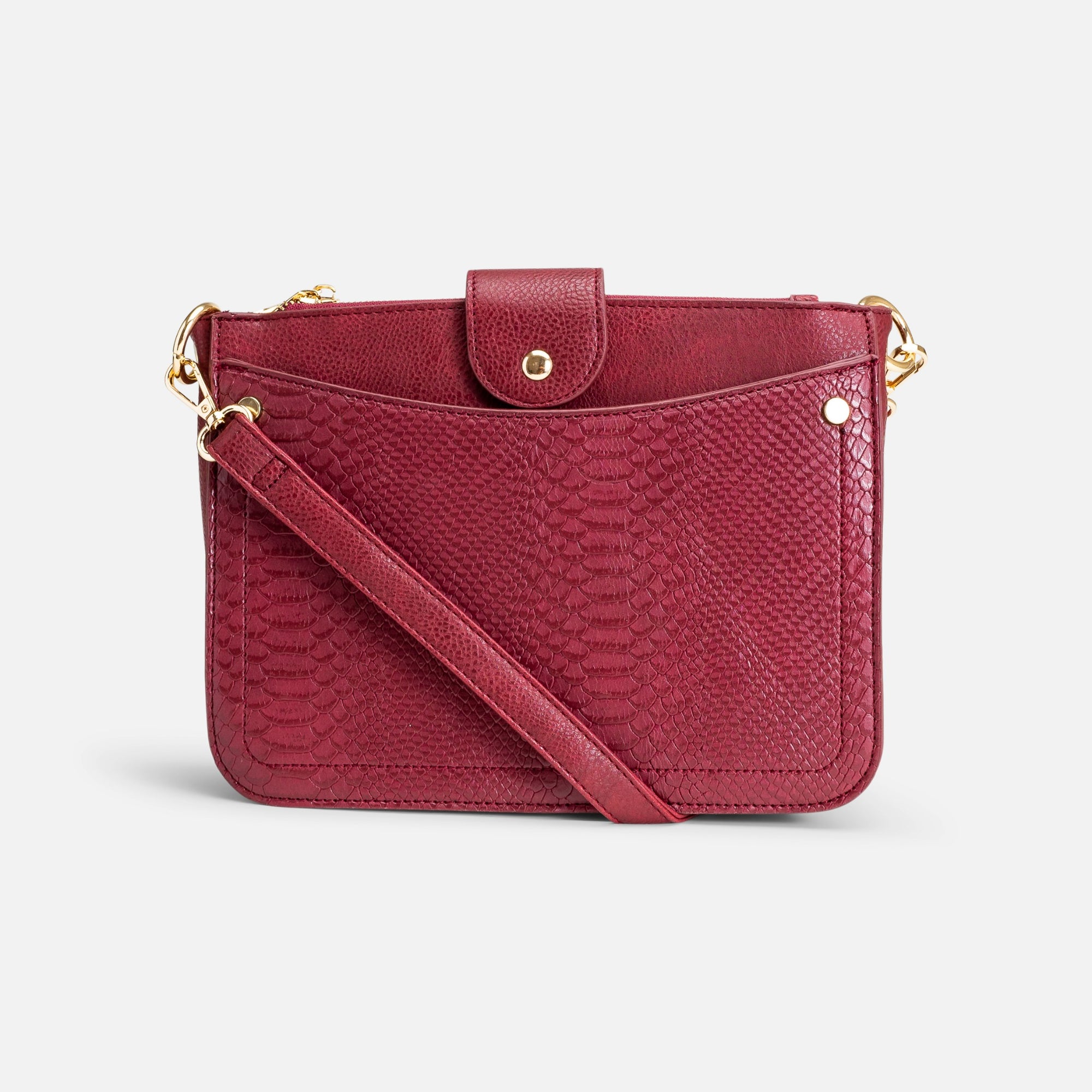 Burgundy shoulder bag with snake pattern effect