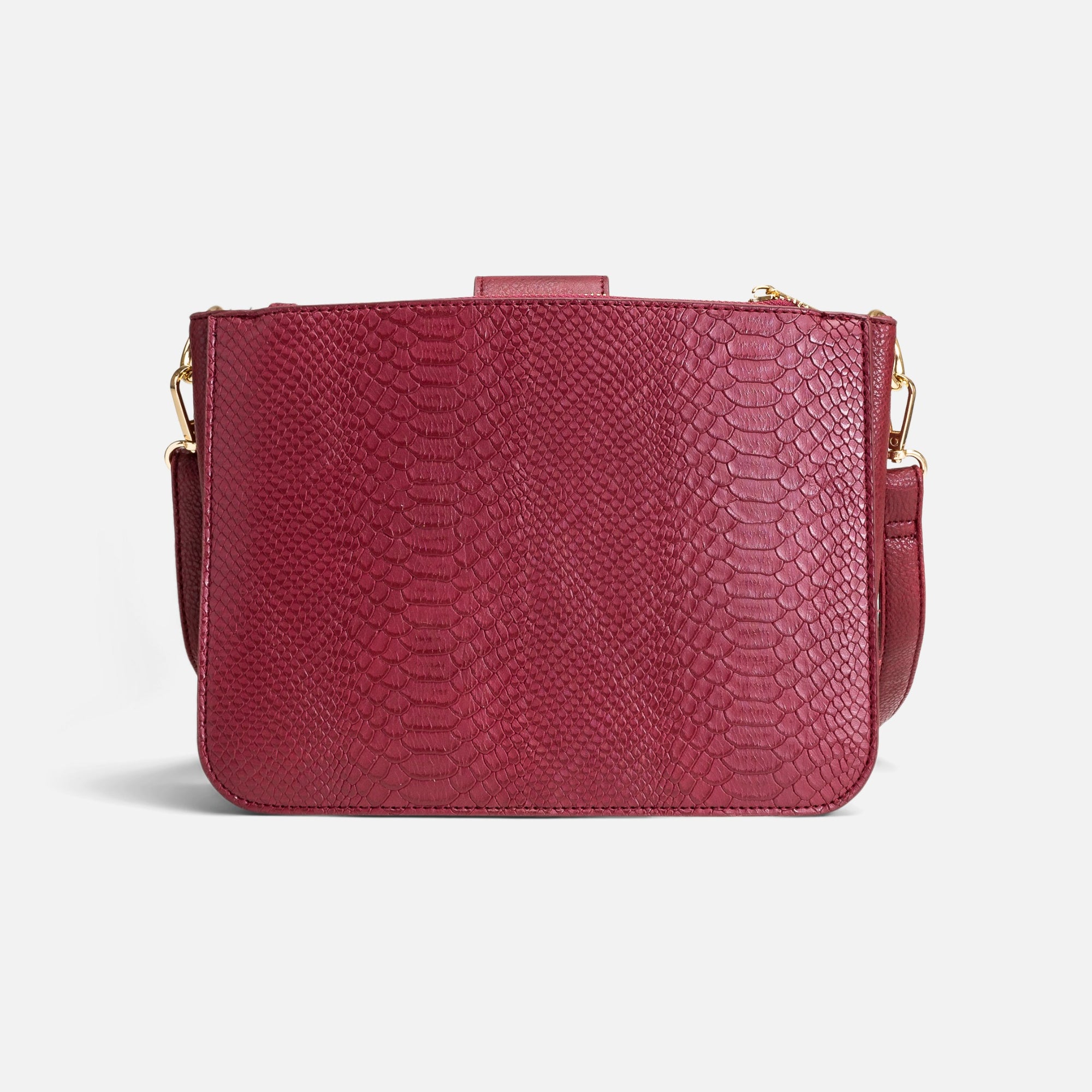 Burgundy shoulder bag with snake pattern effect