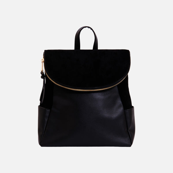 Load image into Gallery viewer, Black leatherette backpack with faux suede flap 
