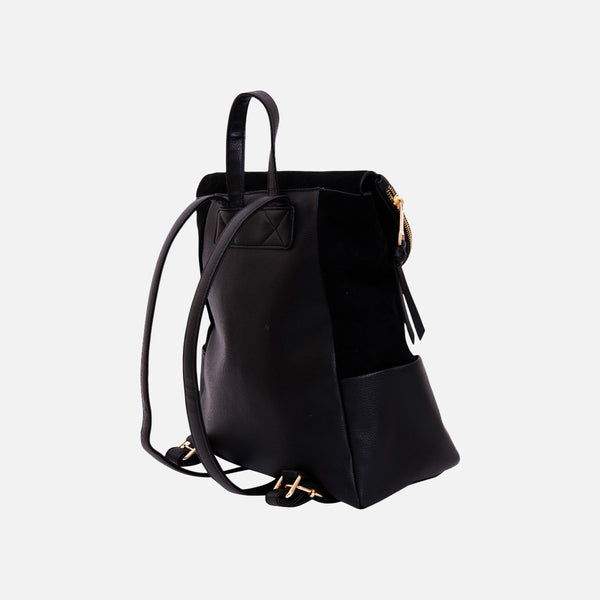 Load image into Gallery viewer, Black leatherette backpack with faux suede flap 

