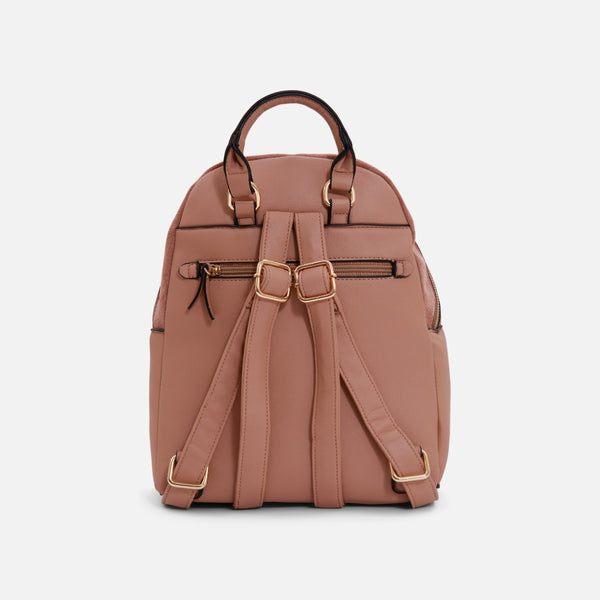 Load image into Gallery viewer, Taupe faux suede backpack with gold details
