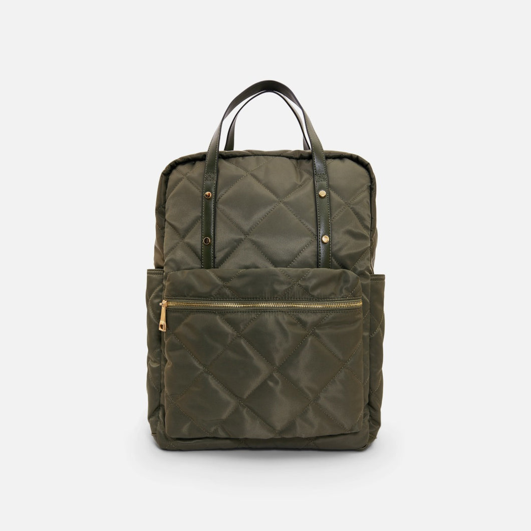 Khaki quilted backpack to insert laptop