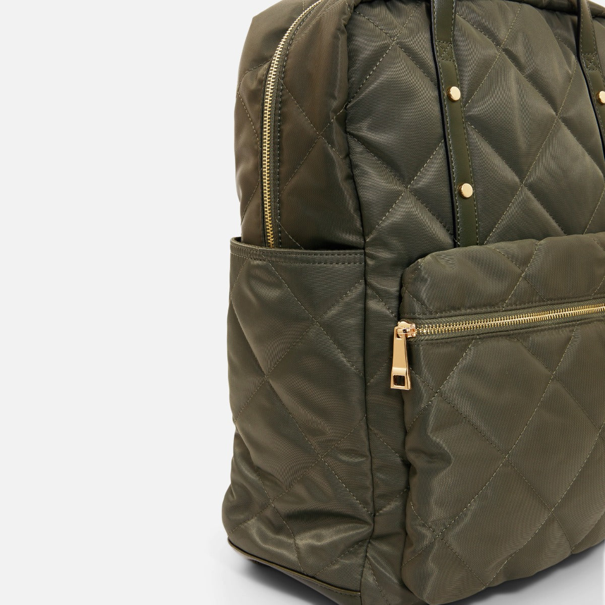 Khaki quilted backpack to insert laptop