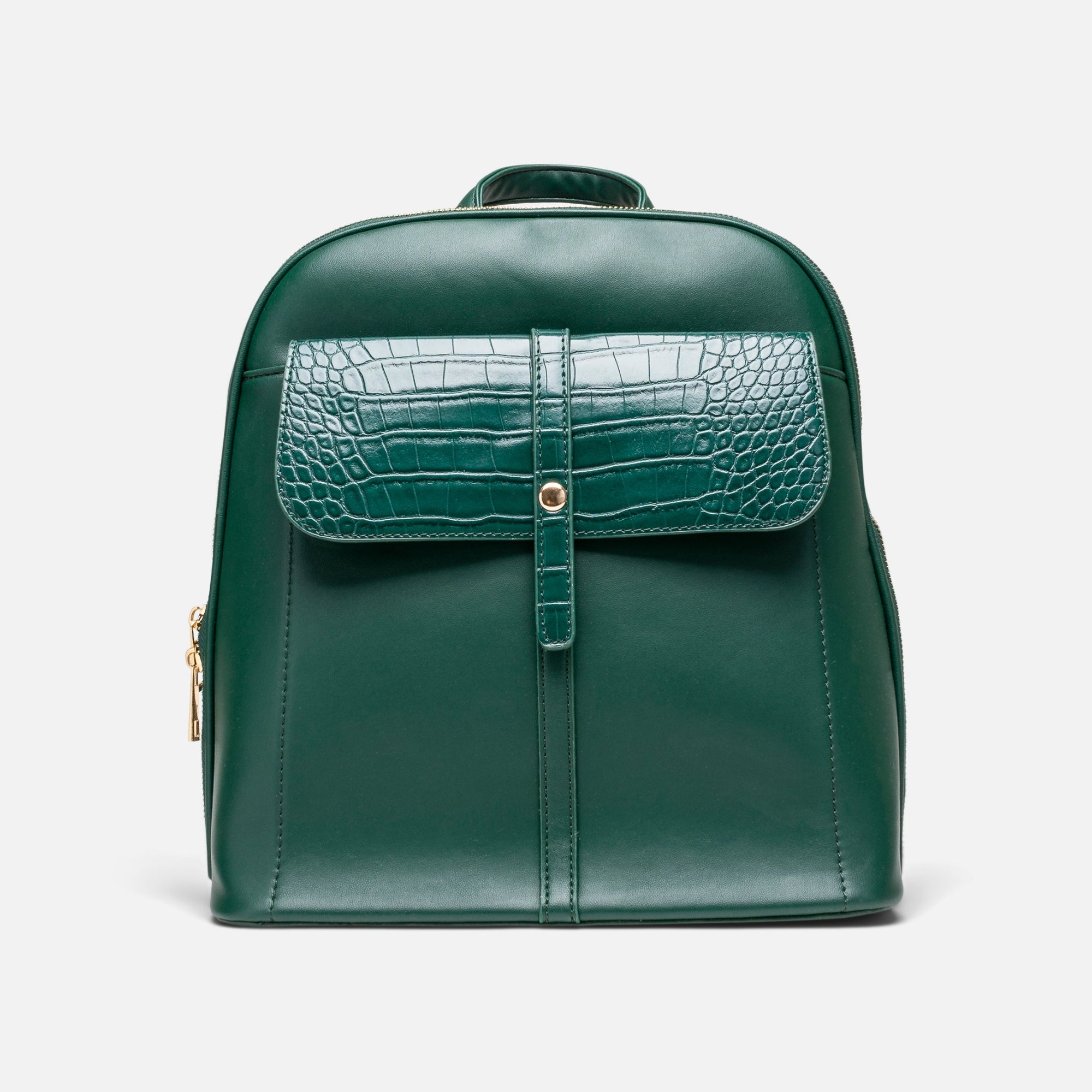 Green square backpack with front pocket and flap
