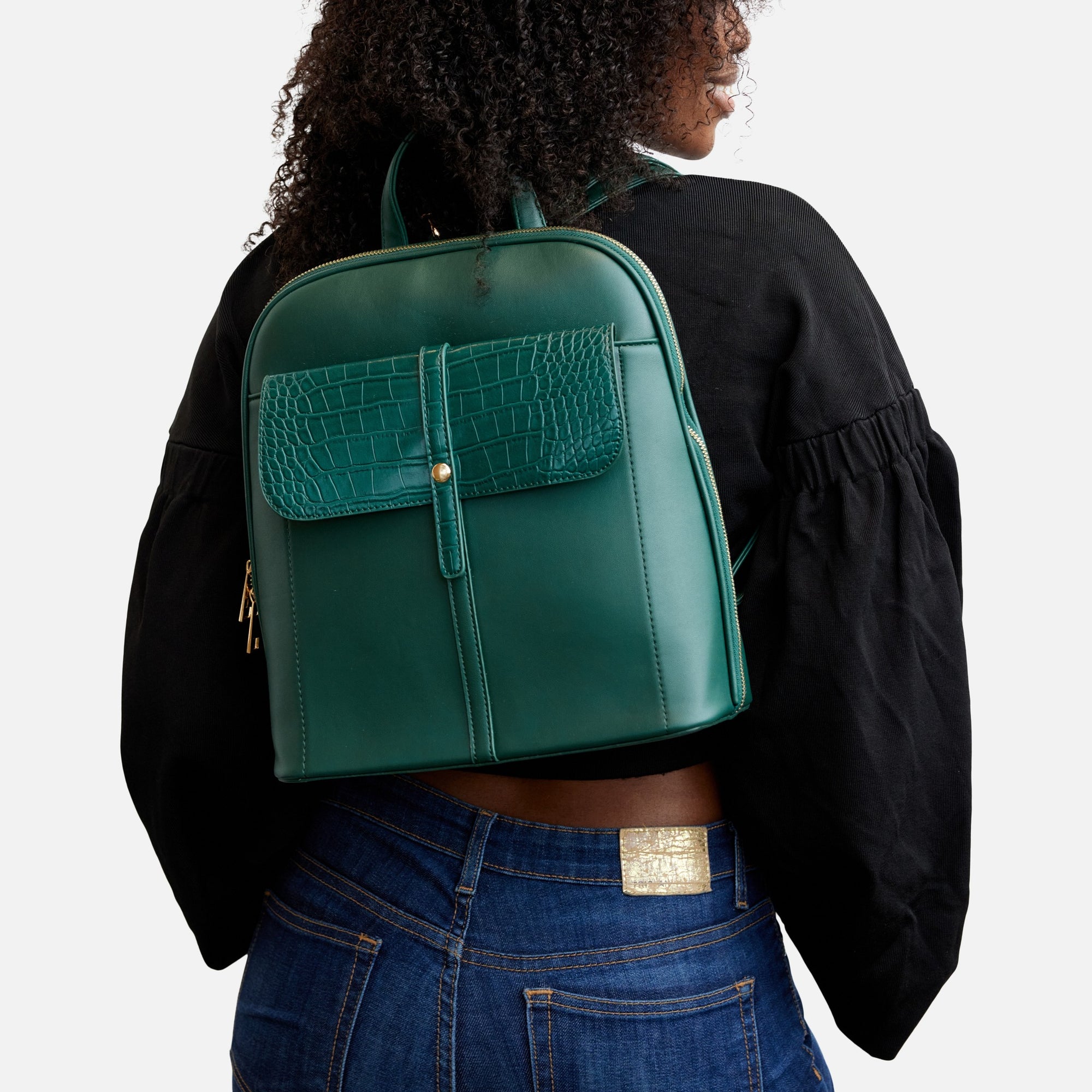 Green square backpack with front pocket and flap