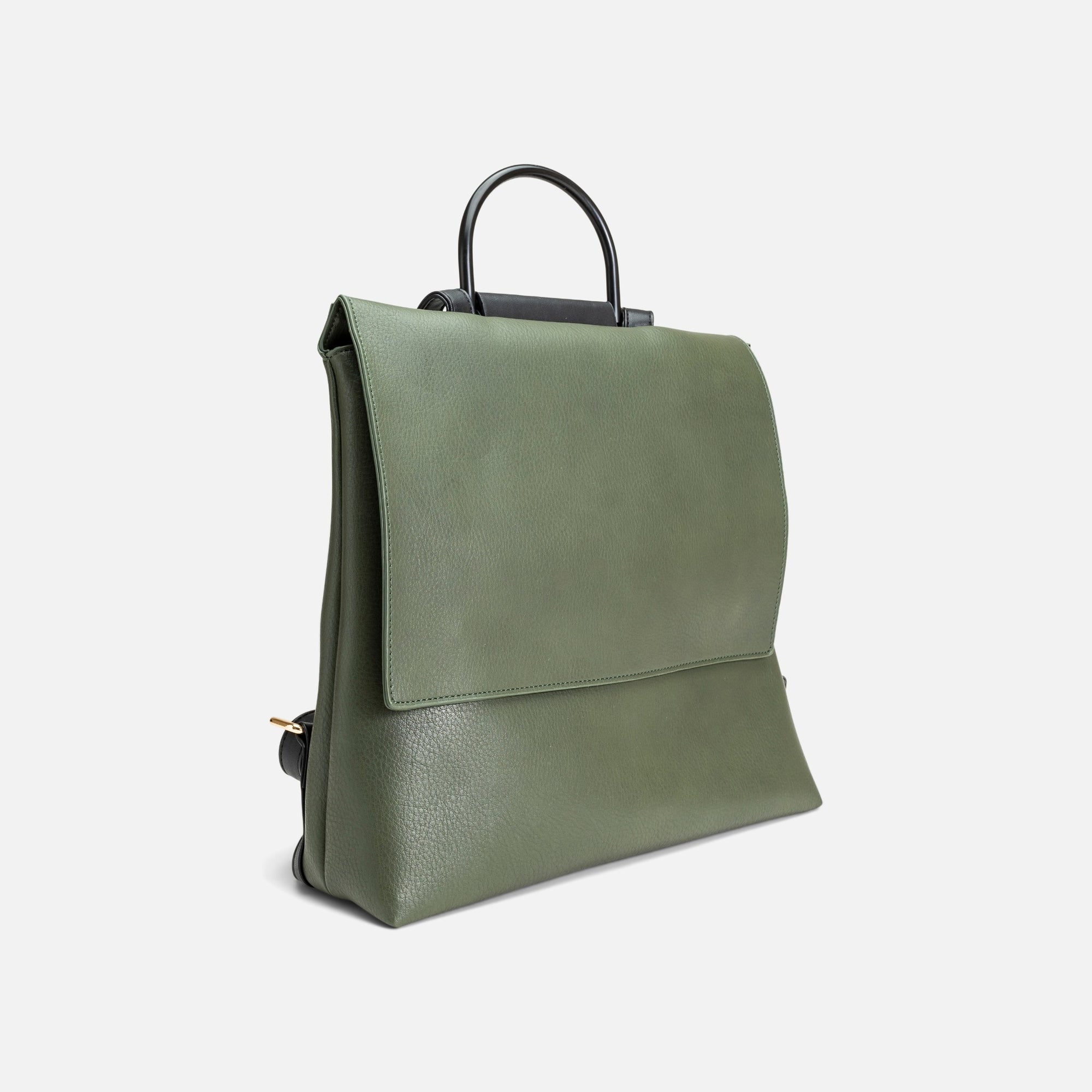 Dark green backpack with large flap and black handle