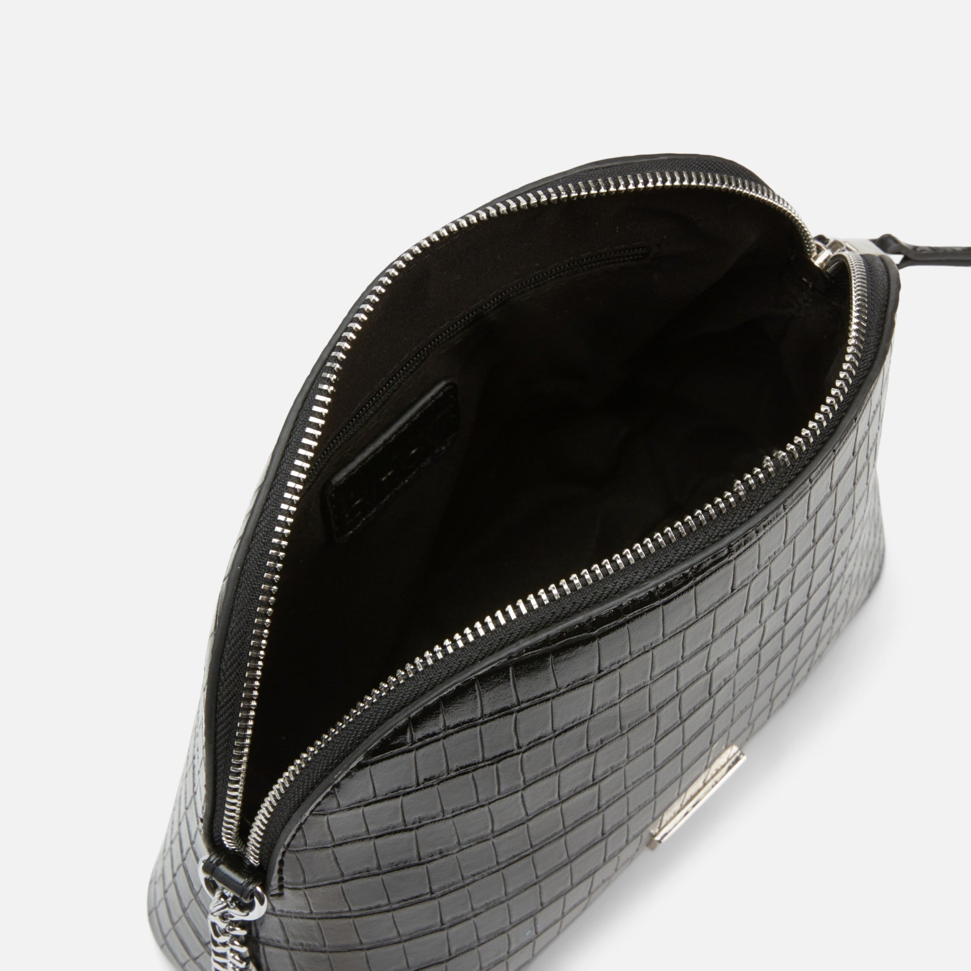 Black snakeskin leatherette shoulder bag with silver chain strap
