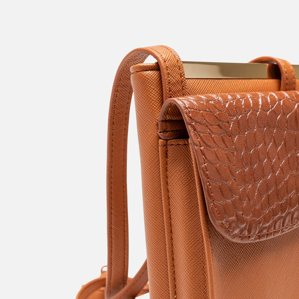 Load image into Gallery viewer, Small cell phone purse in camel with snakeskin effect
