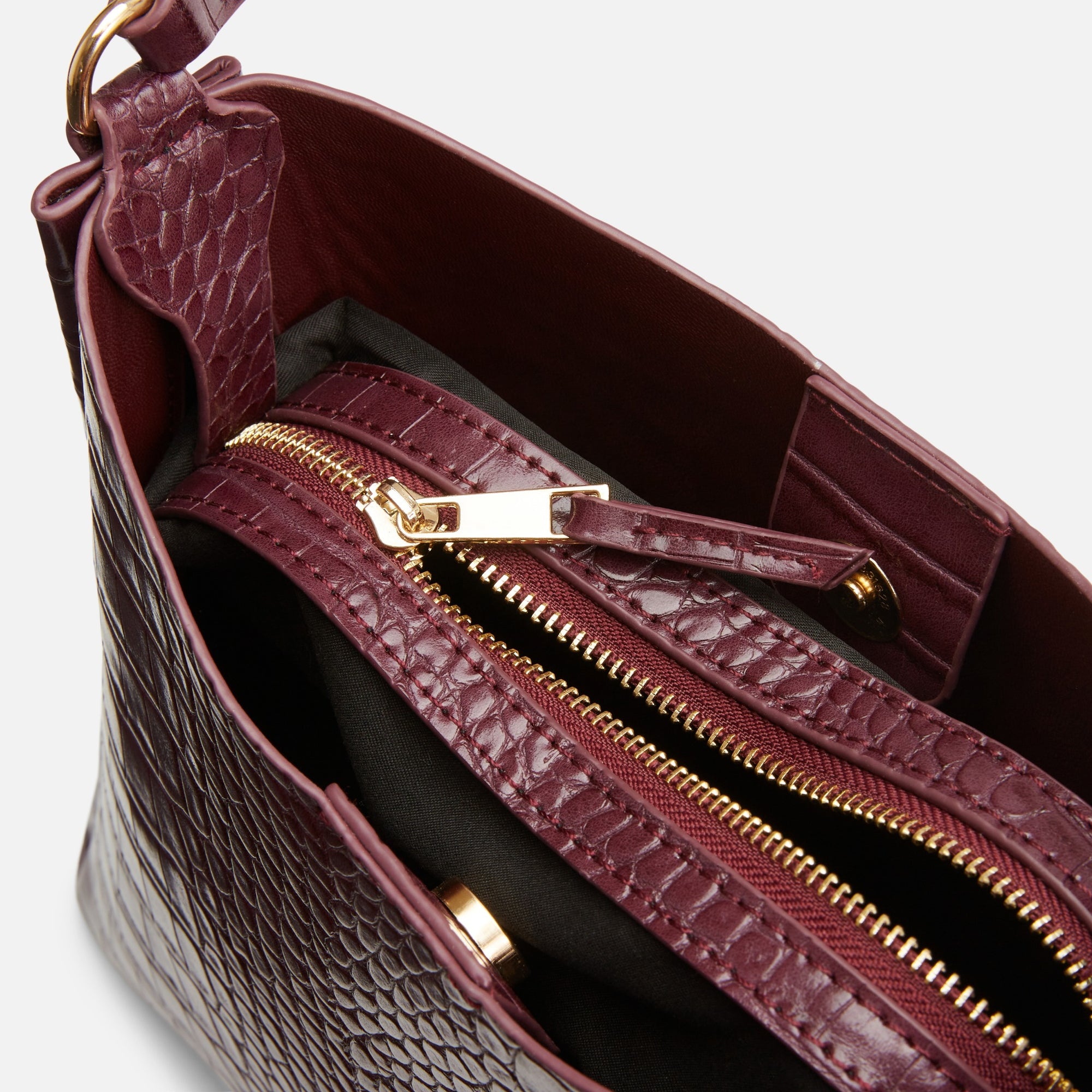 Burgundy snakeskin effect purse with handle and shoulder strap