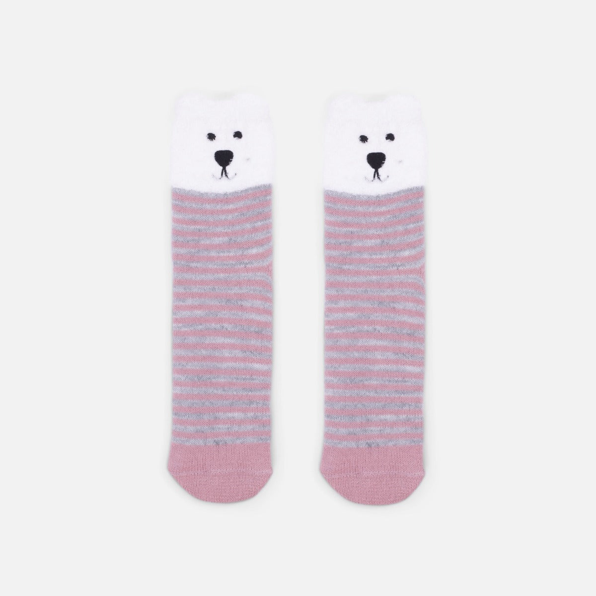 Pink, grey and white cozy socks with bear face   