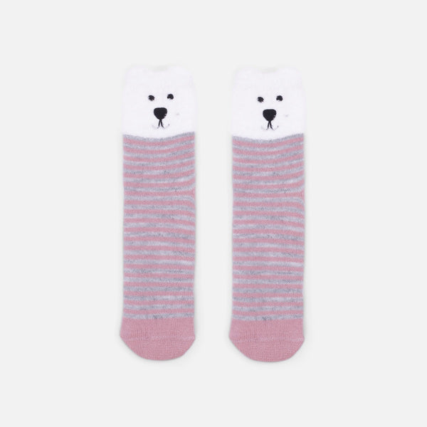 Load image into Gallery viewer, Pink, grey and white cozy socks with bear face   
