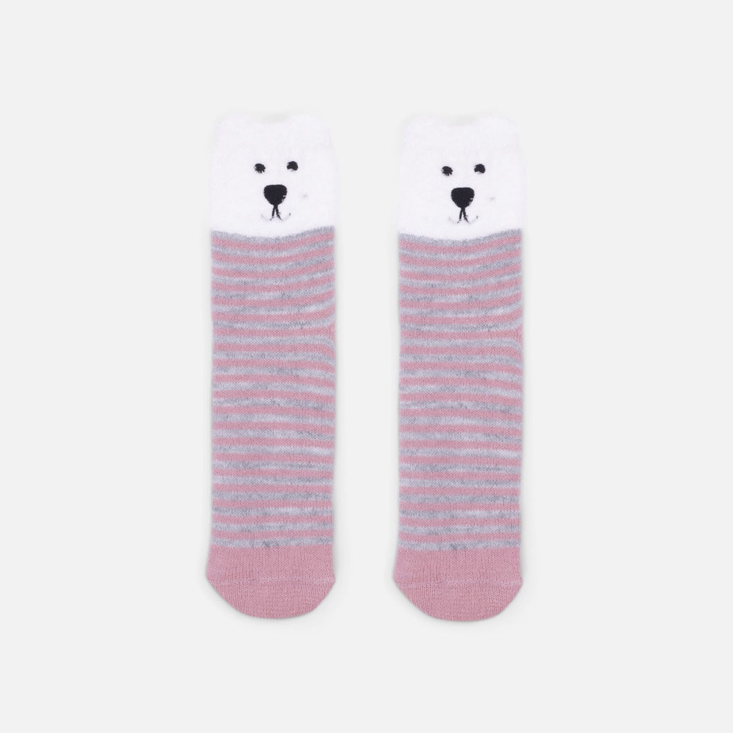 Pink, grey and white cozy socks with bear face   