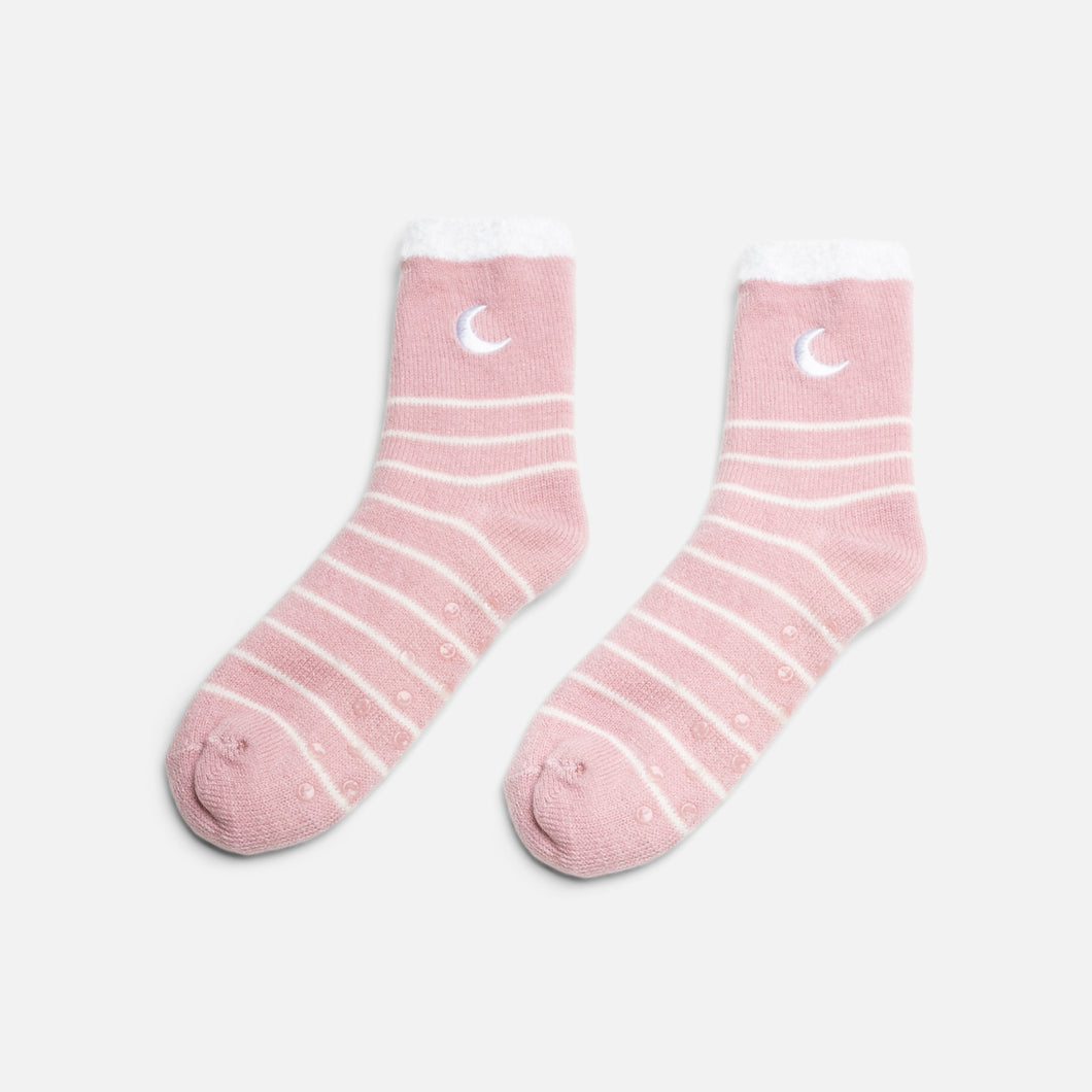 Pink cozy socks with white stripes and moon