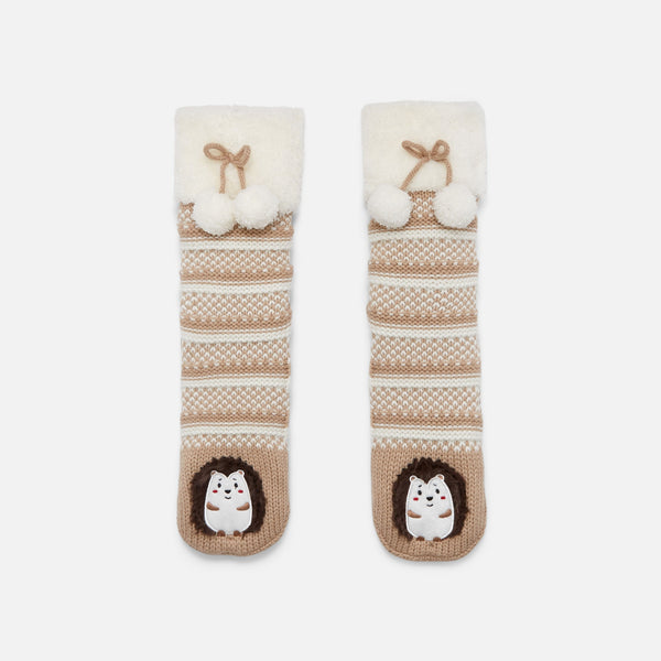 Load image into Gallery viewer, Beige slipper socks with hedgehog
