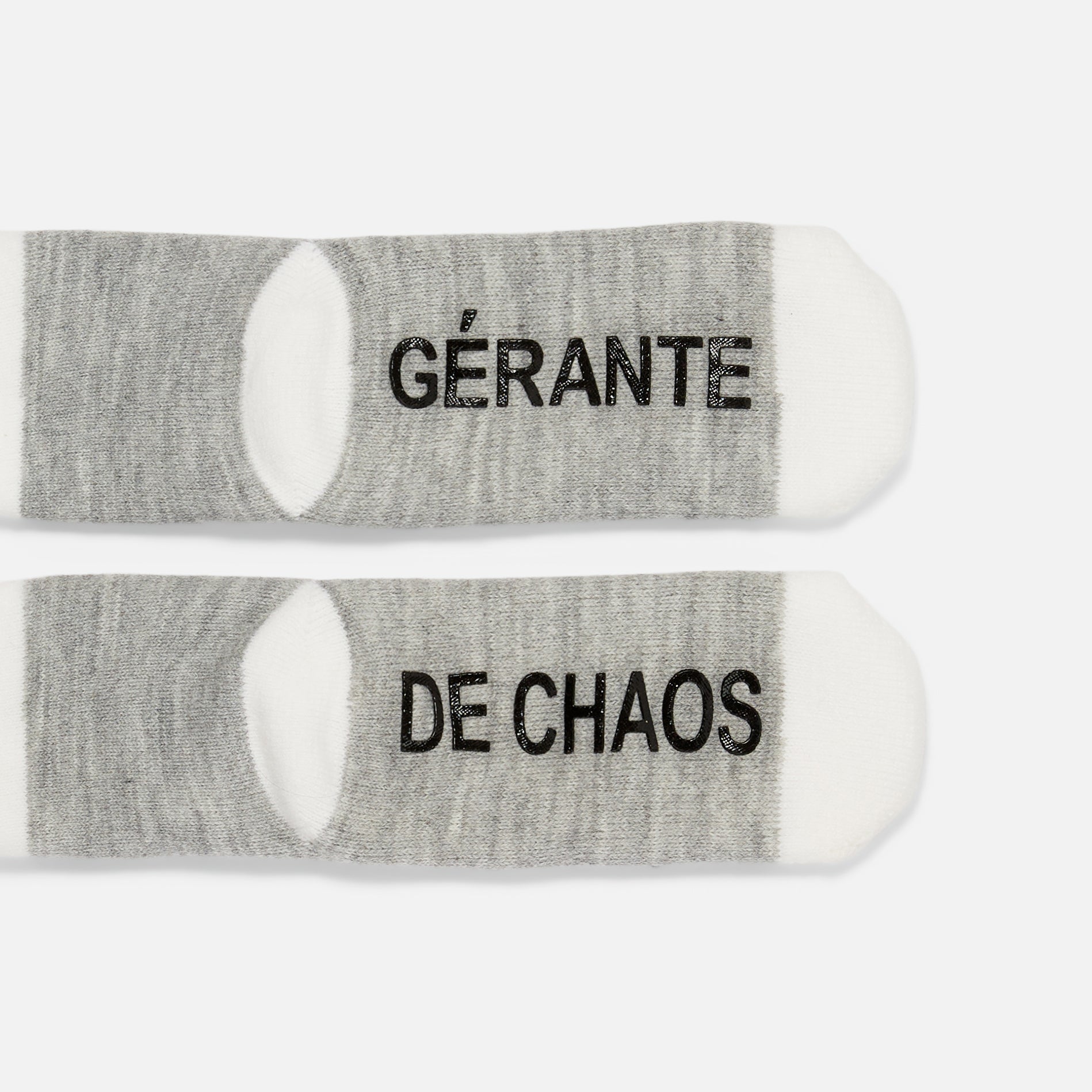 Grey and red socks with inscription
