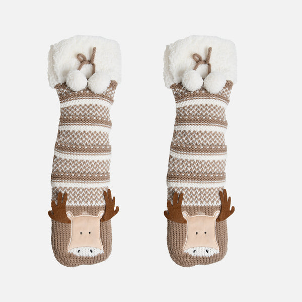 Load image into Gallery viewer, Brown slipper socks with moose
