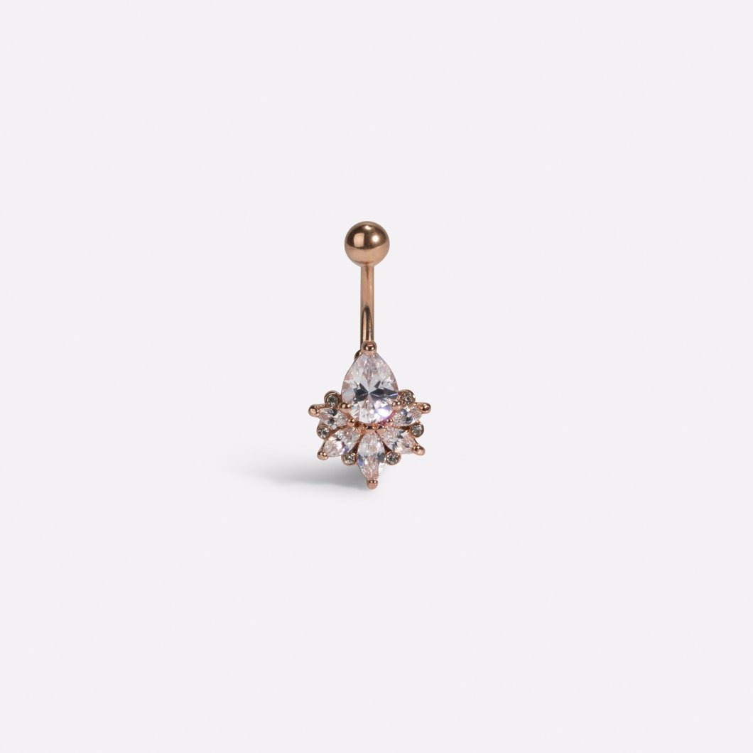 Stainless steel rose gold belly button ring with cubic zirconia stones