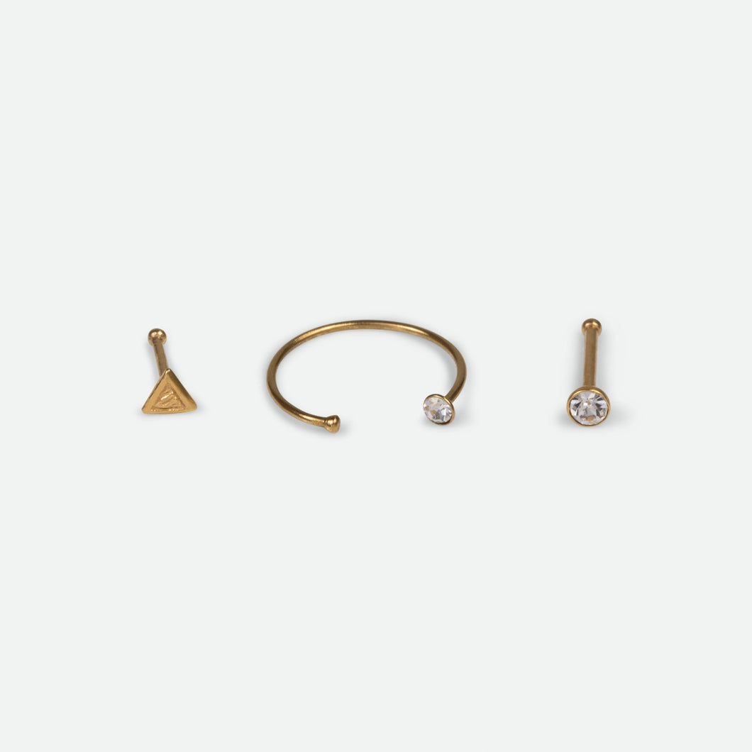 Set of three geometric stainless steel nose rings   