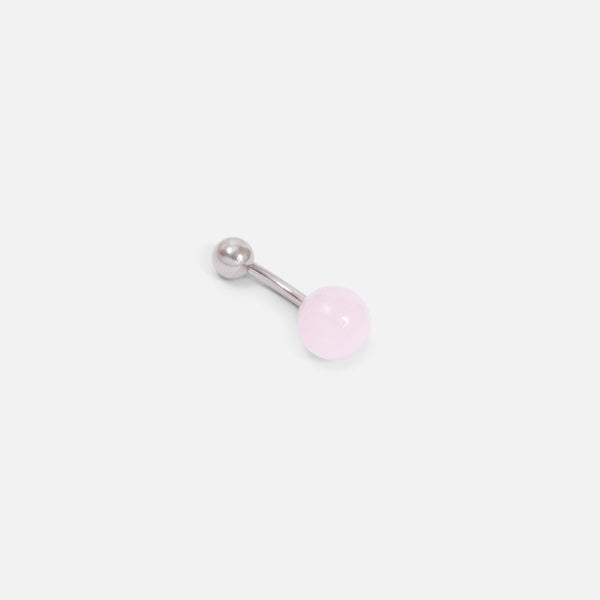 Load image into Gallery viewer, Silvered stainless steel belly button ring with quartz pink stone 
