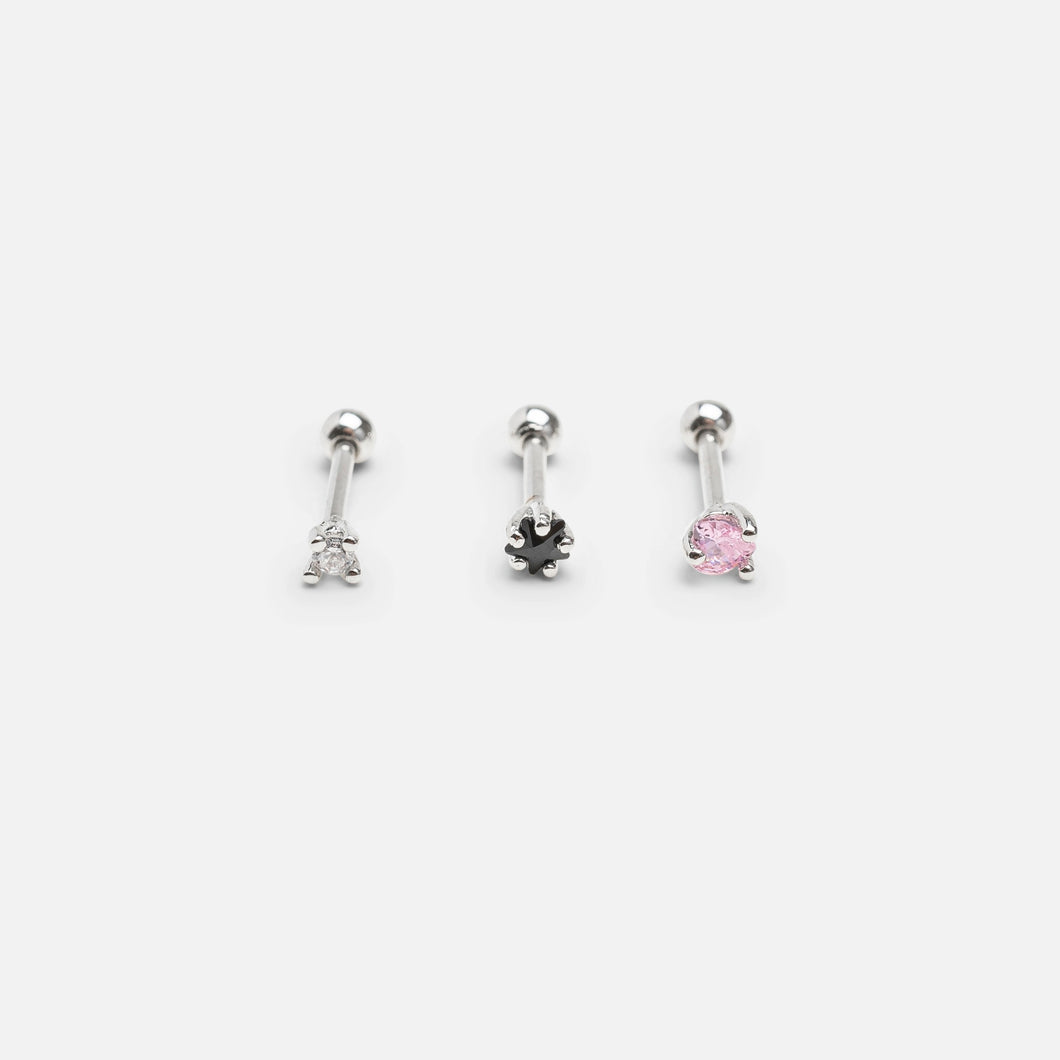 Cartilage piercing earrings with pink, black and silver stones in stainless steel