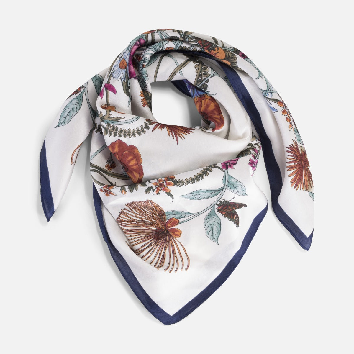 Bandana style scarf with floral pattern and blue stripe