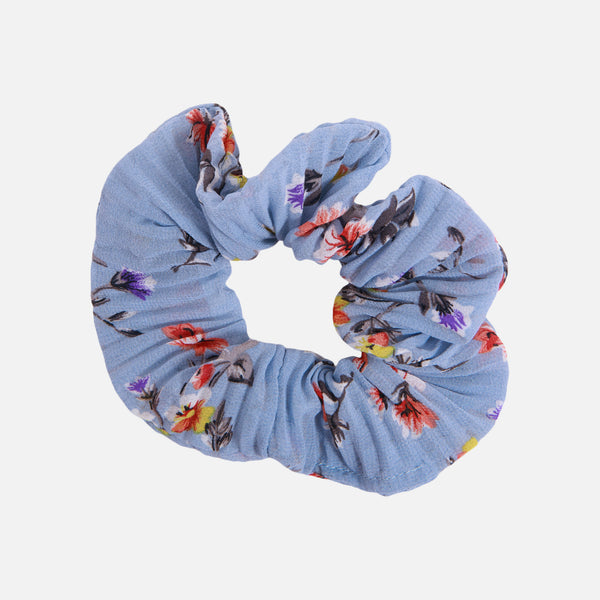 Load image into Gallery viewer, Set of 3 scrunchies, blue, floral print and polka dot print
