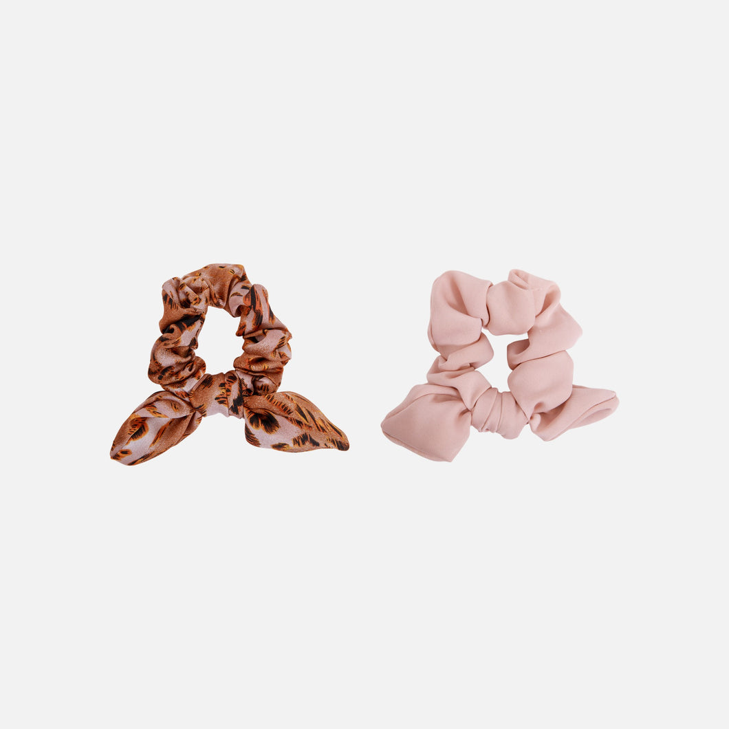 Duo of pink and animal print scrunchies with bow