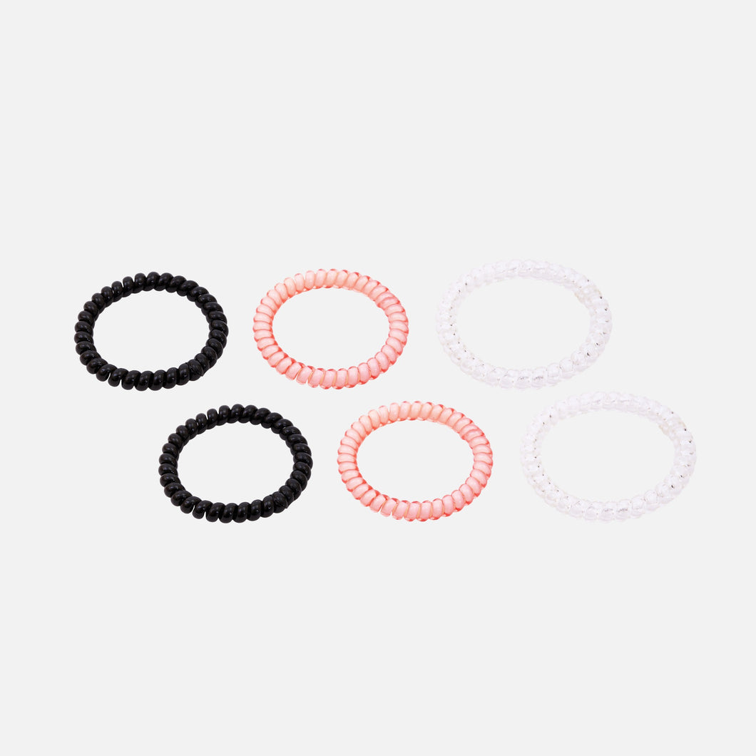 Set of 6 spiral elastics style phone wire in black, pink and transparent