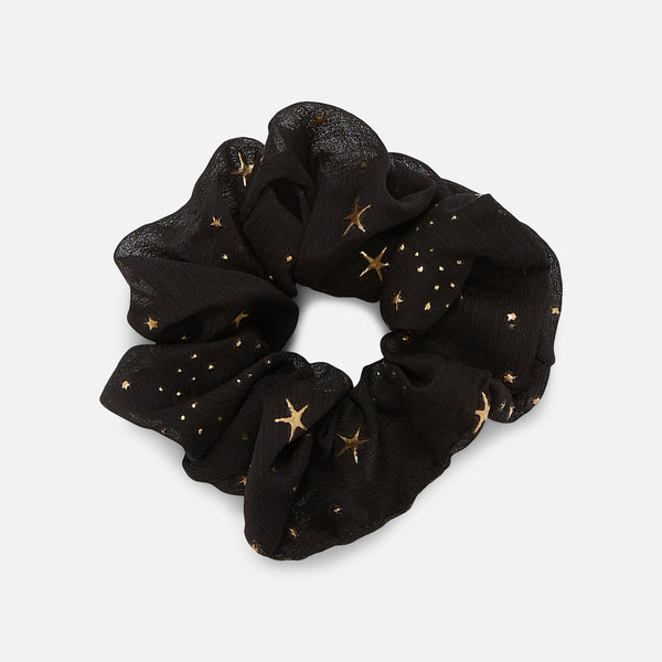 Load image into Gallery viewer, Set of two black and white scrunchies with golden star print
