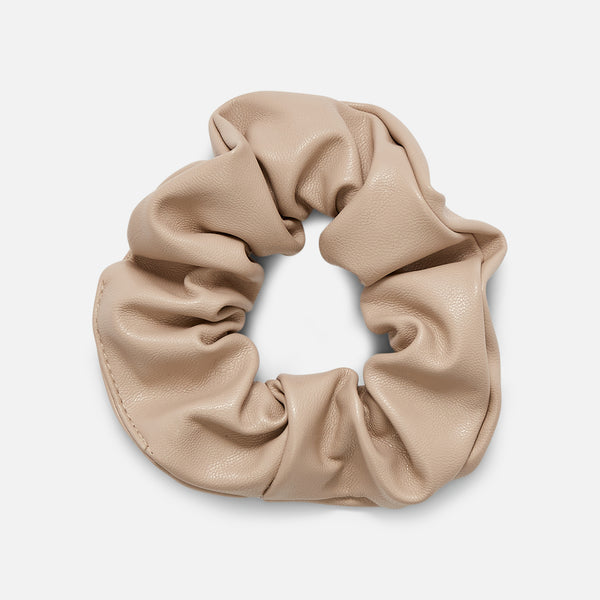 Load image into Gallery viewer, Set of three scrunchies in beige, camel and black leatherette
