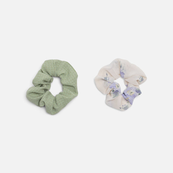 Charger l&#39;image dans la galerie, Ensemble de deux chouchous vert et imprimé fleurs violettes
