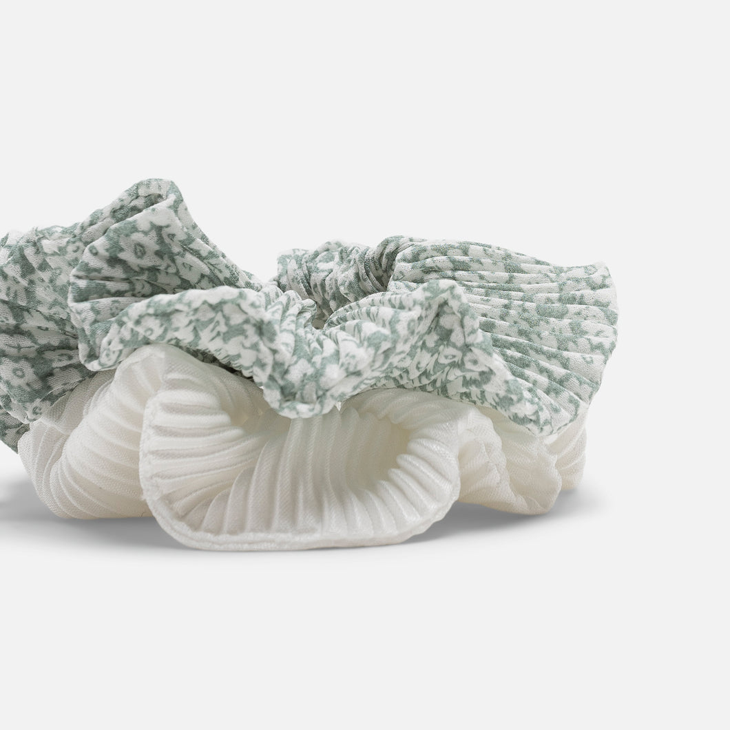 Duo of white and green scrunchies with flowers