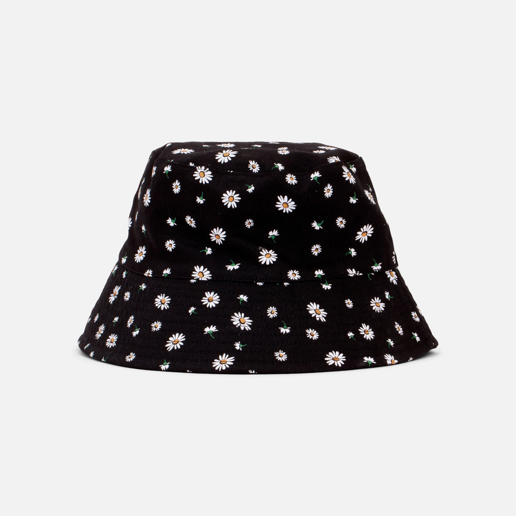 Black reversible bucket hat with white and yellow daisy print