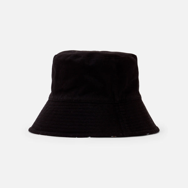 Load image into Gallery viewer, Black reversible bucket hat with white and yellow daisy print
