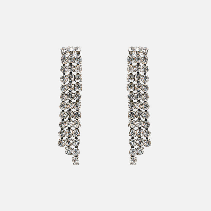Boucles d'oreilles argentées pendantes 3 rangées de pierres