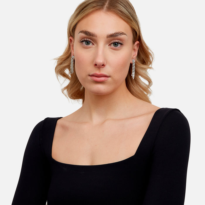 Boucles d'oreilles argentées pendantes 3 rangées de pierres