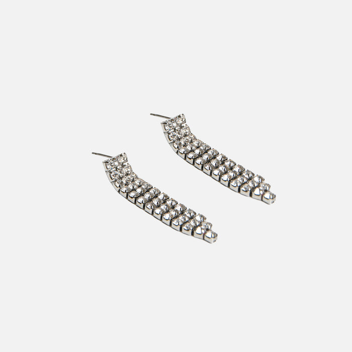 Boucles d'oreilles argentées pendantes 3 rangées de pierres