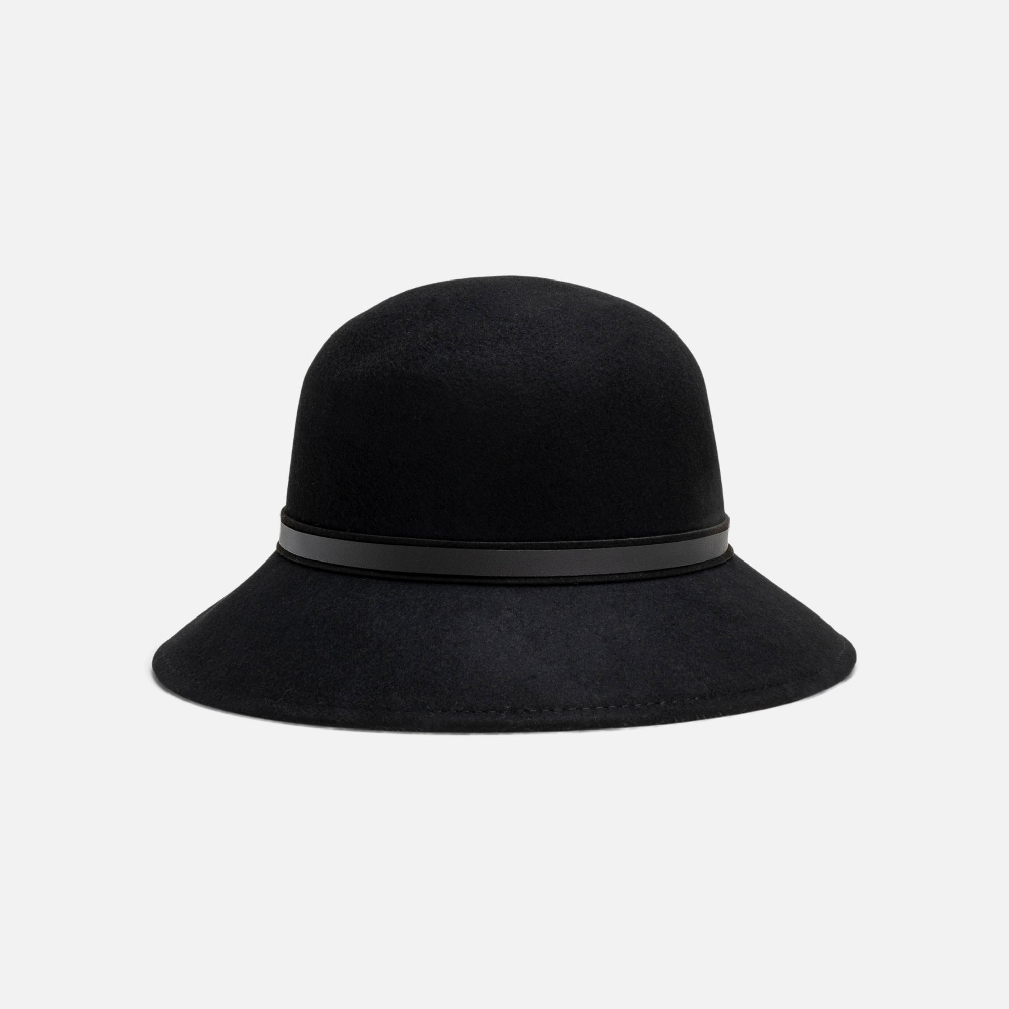 Black cloche hat with black leather band