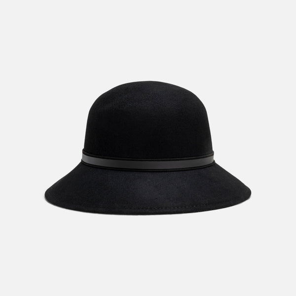 Load image into Gallery viewer, Black cloche hat with black leather band
