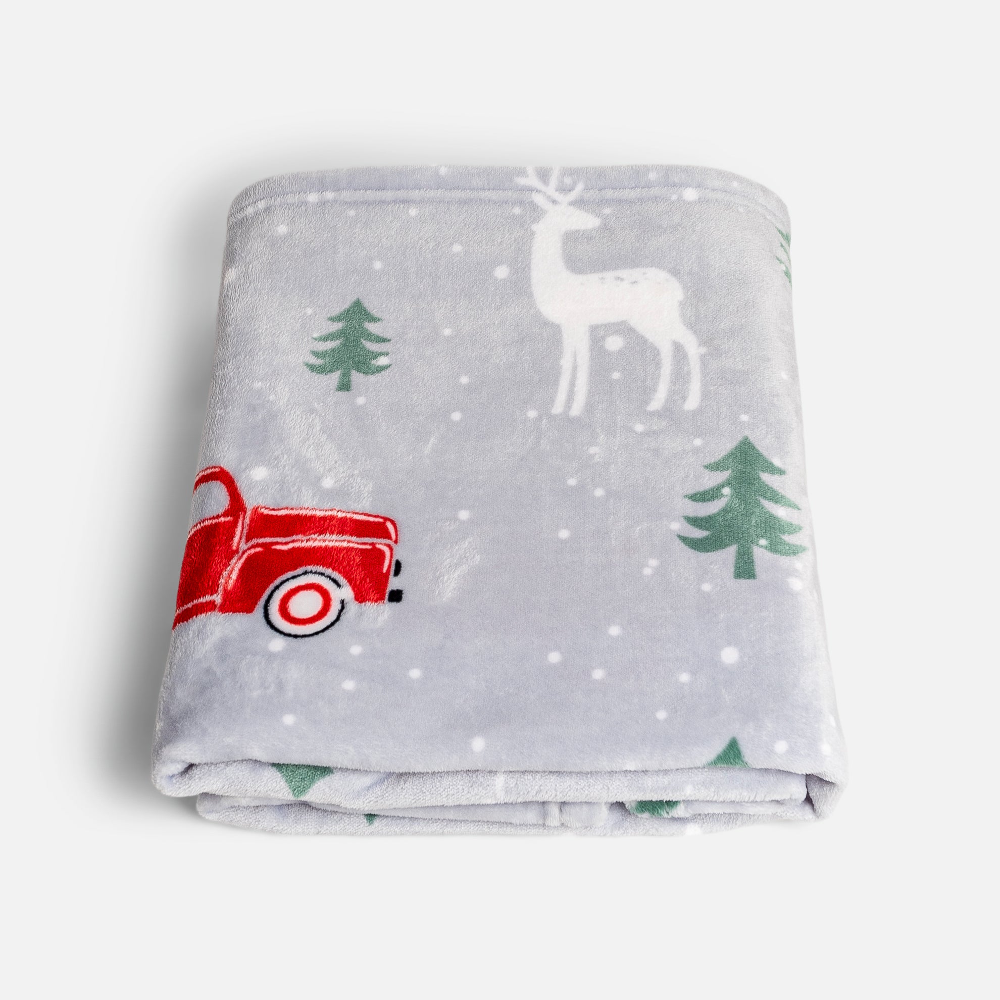 Soft grey throw with trucks and deer