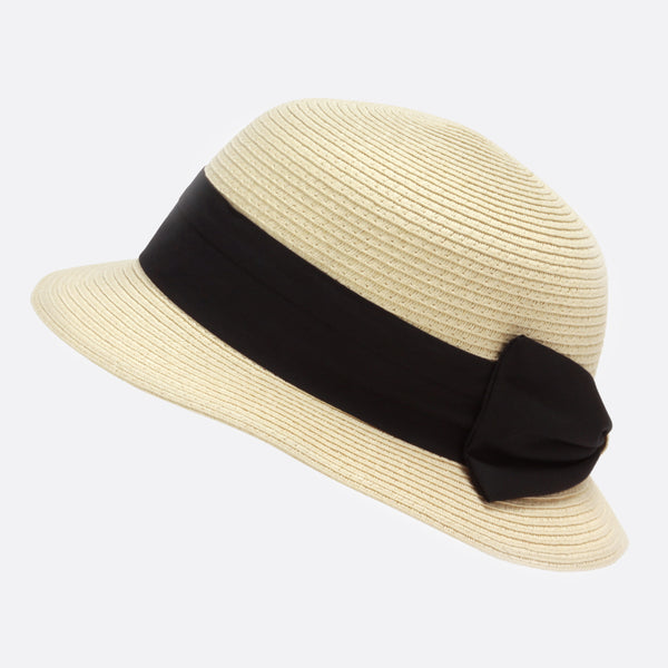 Load image into Gallery viewer, Chapeau cloche beige en paille ajustable avec ruban de tissu noir
