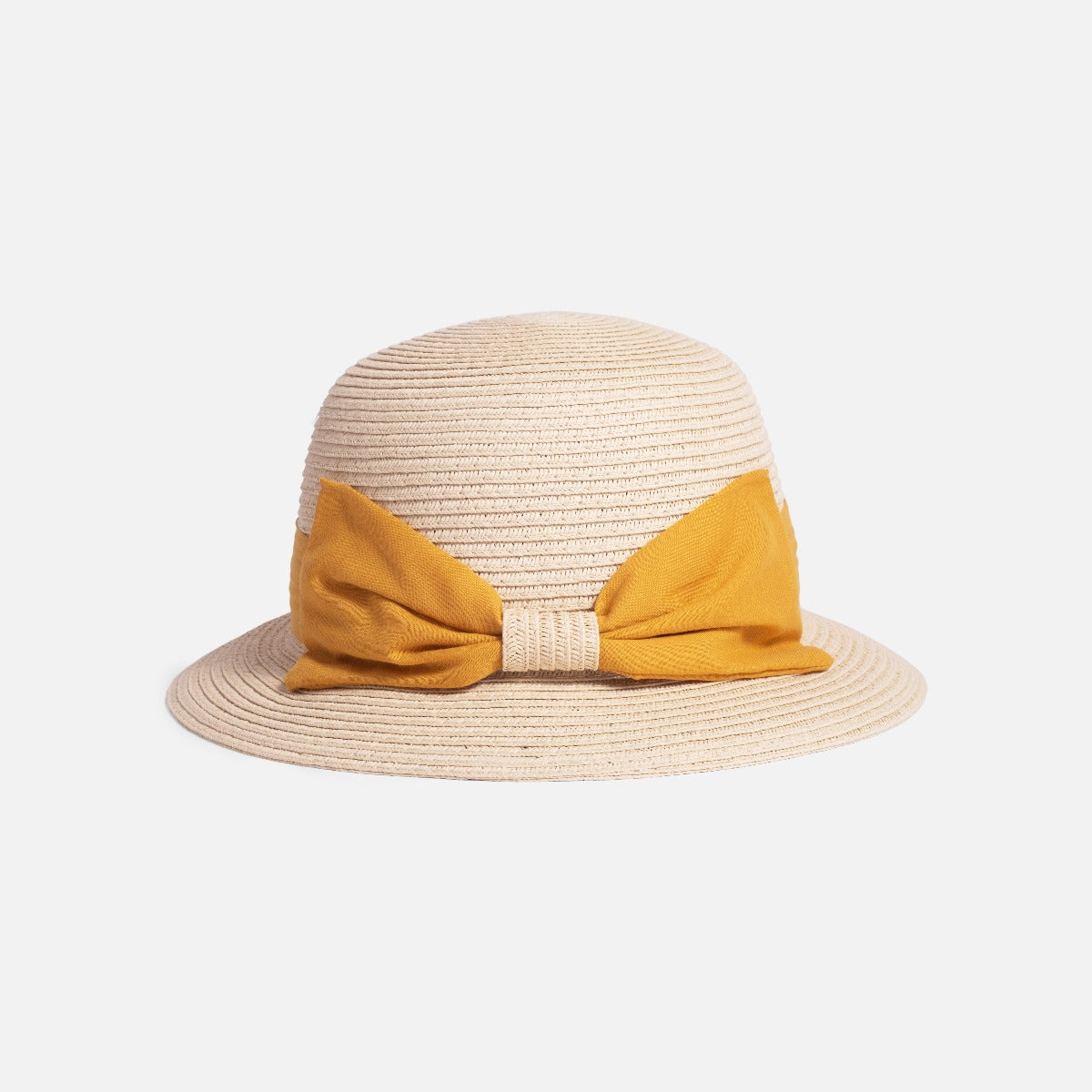 Chapeau cloche beige en paille ajustable avec ruban de tissu jaune